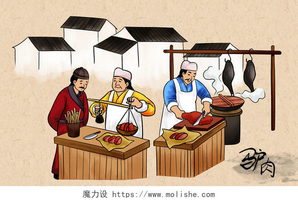 手绘古风人物传统美食地方小吃素材